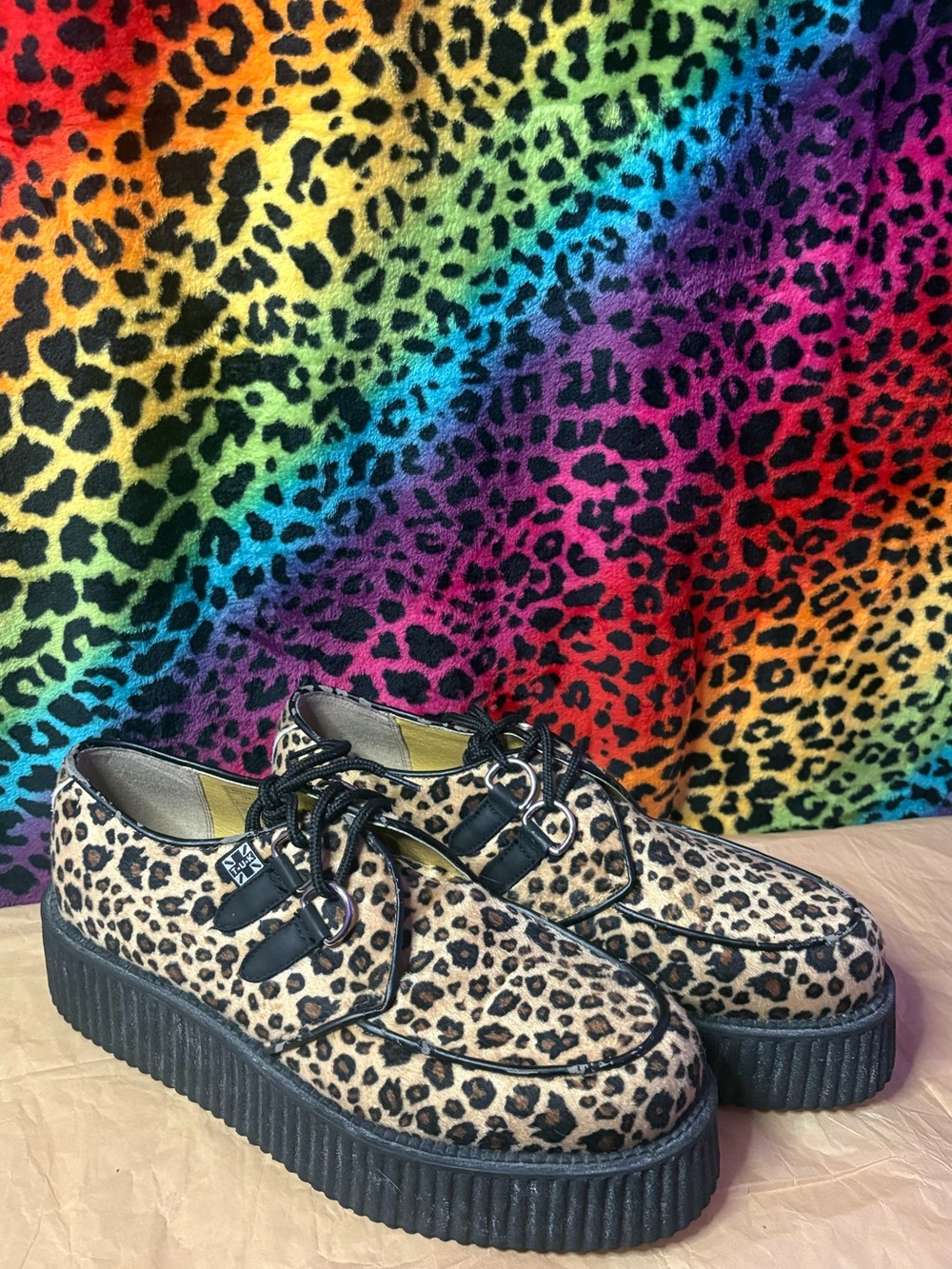 T.U.K Leopard Hair-On Platform Creeper - Tan & Black DEADSTOCK